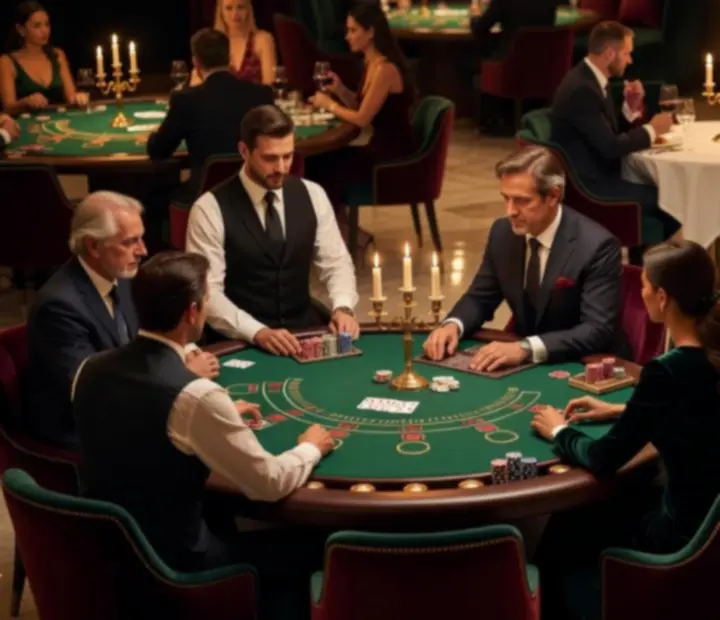 Elegáns blackjack lounge a Zilqeron kaszinó étteremben, bárpulttal és kártyaasztalokkal