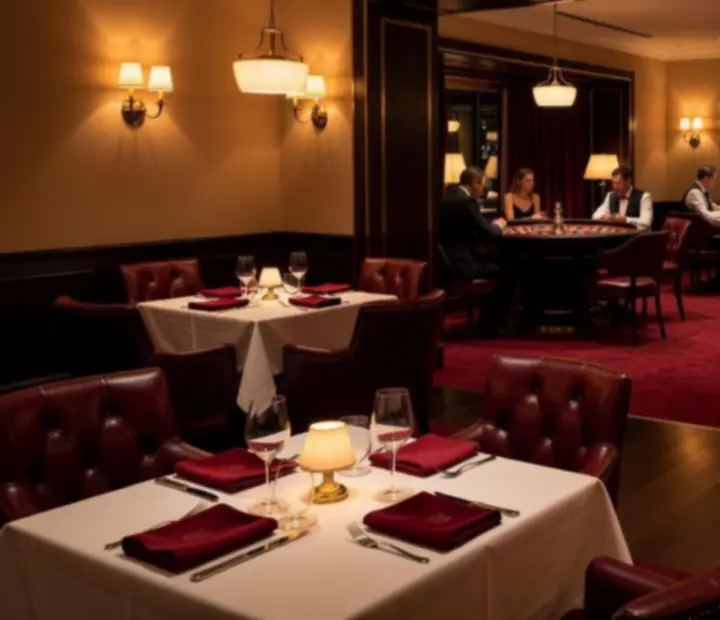 Vacsorázó vendégek elegáns kaszinó lounge térben, háttérben rulettasztal