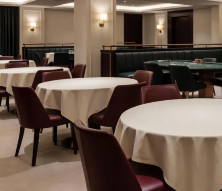 Elegáns, esti hangulatú kaszinói étterem, meleg fényekkel és modern bistro enteriőrrel
