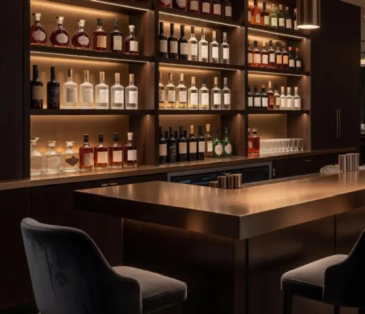 Elegáns koktélbár a Zilqeron Lounge-ban, prémium italokkal és hangulatos fényekkel.