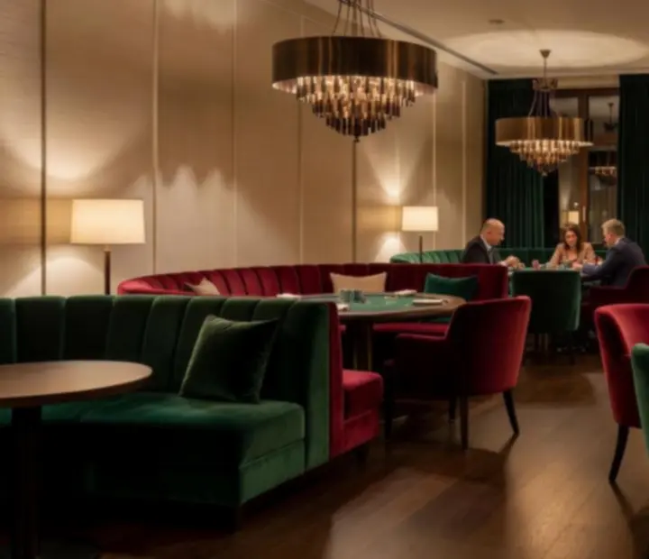 Elegáns kaszinói lounge bársonyos fotelekkel, bronz részletekkel és hangulatos esti fényekkel a Zilqeronban.