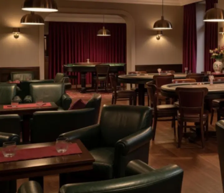 Modern kaszinói lounge hangulat mélyzöld kanapékkal és pókerasztalokkal