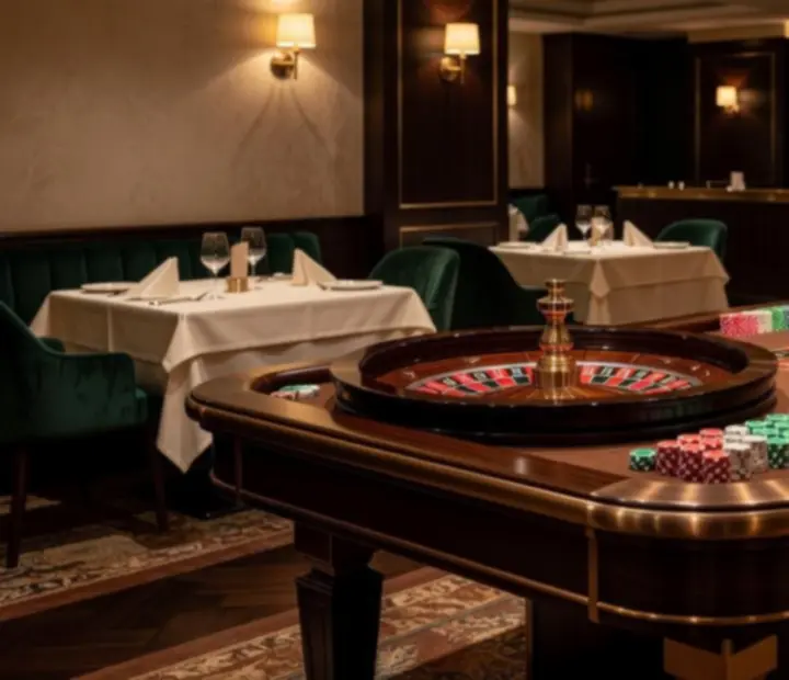 Klasszikus rulettasztal elegáns kaszinó lounge környezetben