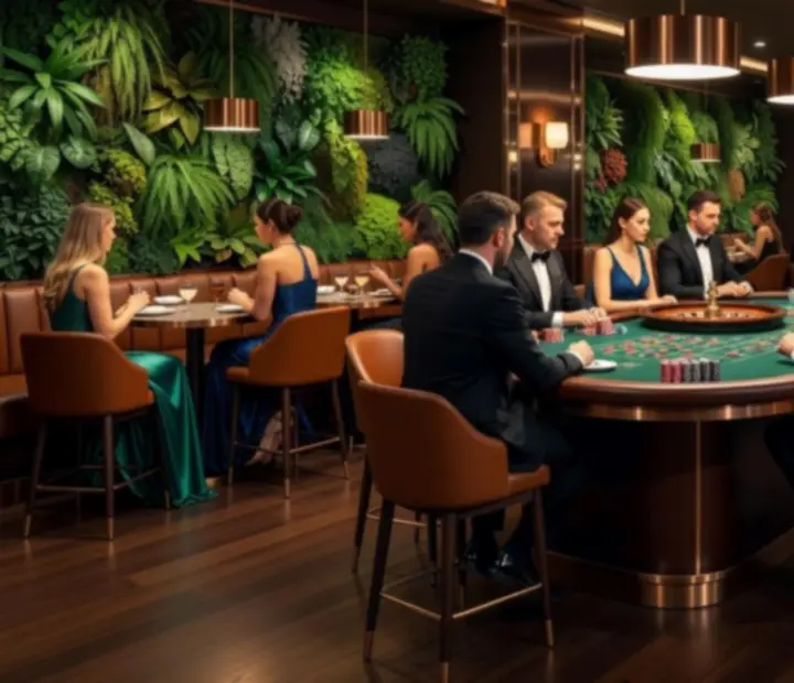 Rulettasztal elegáns lounge térben, bárhoz közeli elrendezésben